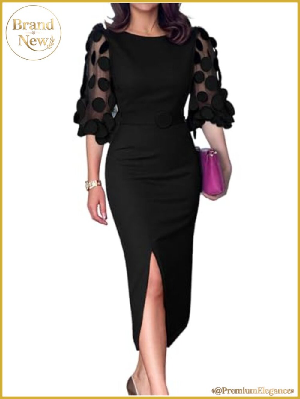 Mesh Puff Sleeve Bodycon Midi Dress with Belt Slit Work Cocktail